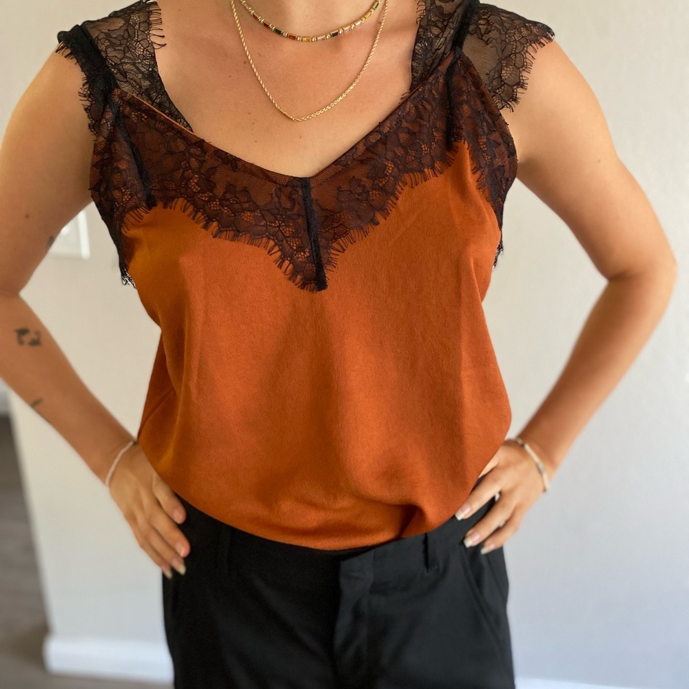 Elegant Lace Trimmed Women's Top in Rust and Black